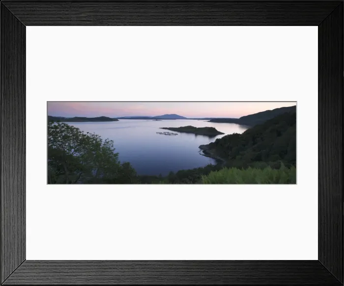 Framed Print : View over Seil Sound to a salmon farm and Luing, Slate Islands, Argyll and Bute, Scotland Framed Print : View over Seil Sound to a salmon farm and Luing, Slate Islands, Argyll and Bute, Scotland