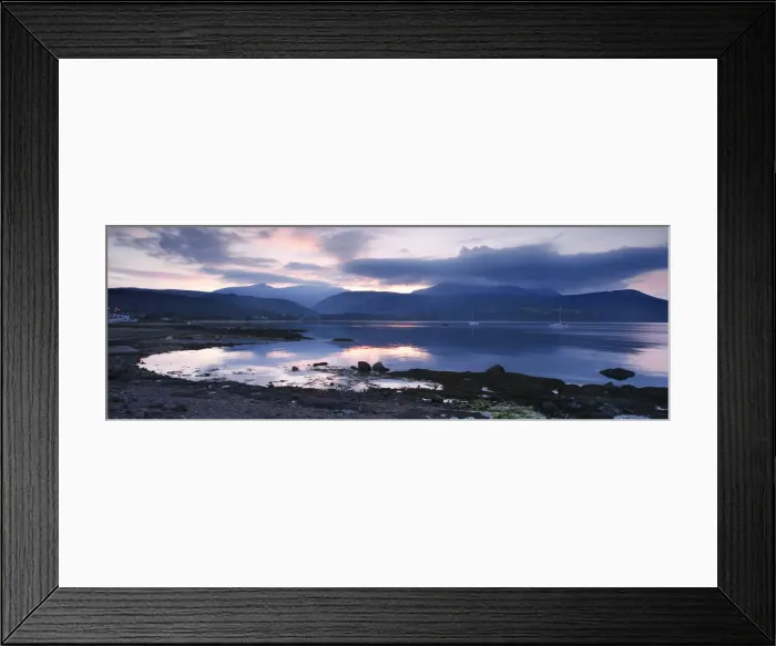 Framed Print : View across Brodick Bay to Beinn Tarsuinn and Goatfell at sunset, Arran, North Ayrshire, Scotland Framed Print : View across Brodick Bay to Beinn Tarsuinn and Goatfell at sunset, Arran, North Ayrshire, Scotland