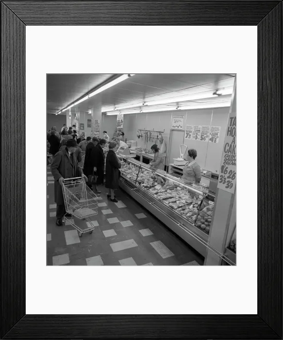 Framed Print : The meat counter at the ASDA supermarket in Rotherham, South Yorkshire, 1969. Artist Framed Print : The meat counter at the ASDA supermarket in Rotherham, South Yorkshire, 1969. Artist