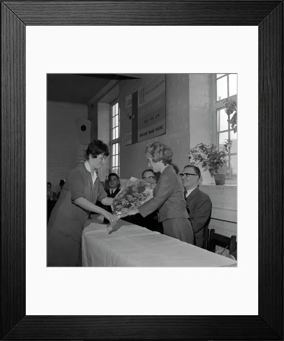 Framed Print : Presentation to a female worker at the ICI Detonator works, Denaby Main, South Yorkshire, 1962 Framed Print : Presentation to a female worker at the ICI Detonator works, Denaby Main, South Yorkshire, 1962
