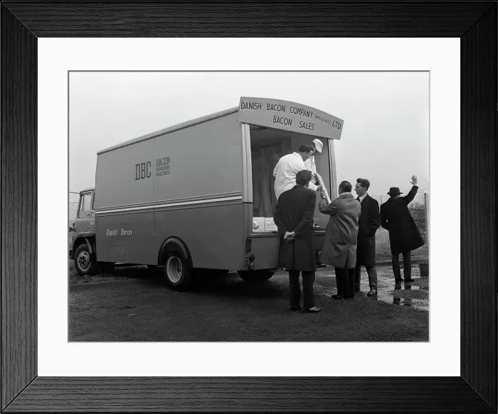 Framed Print : Traders buying bacon direct from a Danish Bacon wholesale van, Kilnhurst, South Yorkshire, 1961 Framed Print : Traders buying bacon direct from a Danish Bacon wholesale van, Kilnhurst, South Yorkshire, 1961