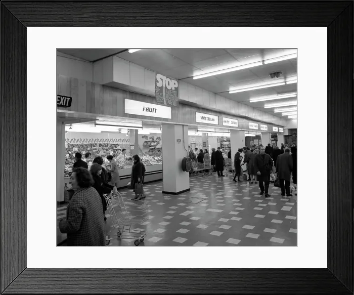 Framed Print : Fruit and veg counter and cold counter, ASDA supermarket, Rotherham, South Yorkshire, 1969 Framed Print : Fruit and veg counter and cold counter, ASDA supermarket, Rotherham, South Yorkshire, 1969