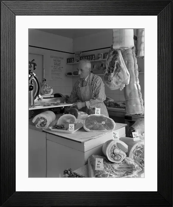 Framed Print : The new metric system of selling bacon, 1966. Artist: Michael Walters Framed Print : The new metric system of selling bacon, 1966. Artist: Michael Walters