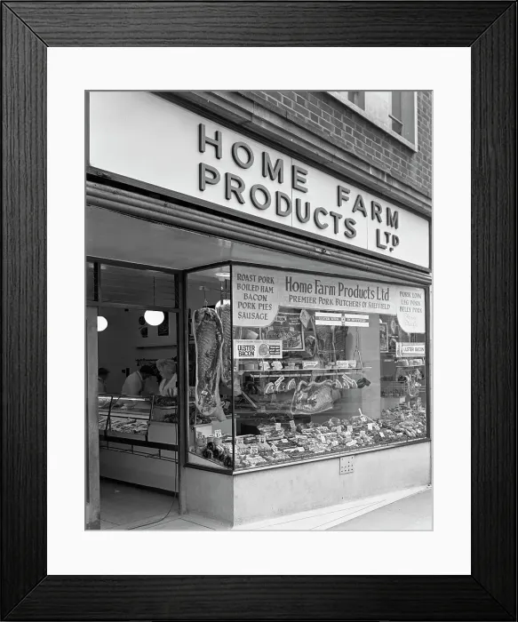 Framed Print : Home Farm Products Ltd butchers shop front, Sheffield, South Yorkshire, 1966. Artist Framed Print : Home Farm Products Ltd butchers shop front, Sheffield, South Yorkshire, 1966. Artist