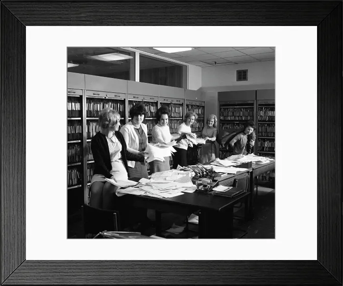 Framed Print : Female workers in the filing and postal room, Stanley Tools works, Sheffield, South Yorkshire, 1967 Framed Print : Female workers in the filing and postal room, Stanley Tools works, Sheffield, South Yorkshire, 1967
