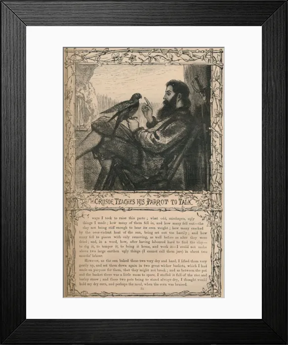 Framed Print : Crusoe Teaches His Parrot To Talk, c1870 Framed Print : Crusoe Teaches His Parrot To Talk, c1870