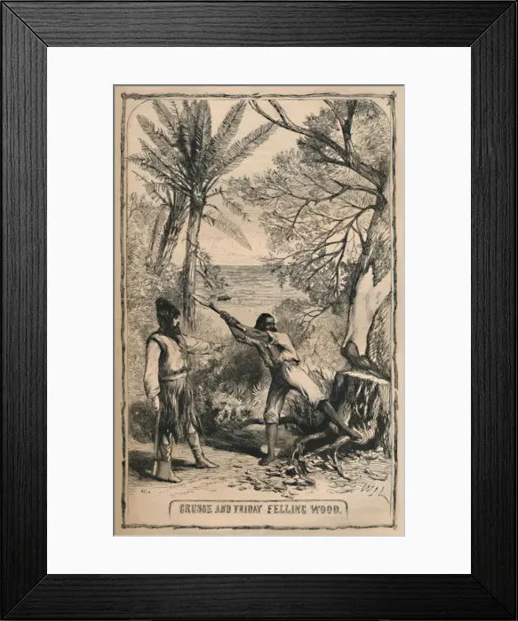 Framed Print : Crusoe and Friday Felling Wood, c1870 Framed Print : Crusoe and Friday Felling Wood, c1870