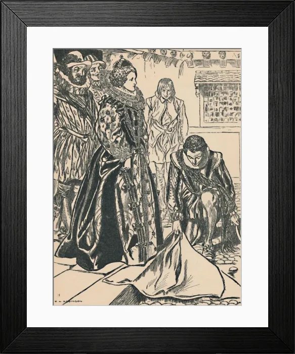 Framed Print : Raleigh Spreads His Cloak Before Elizabeth, c1907 Framed Print : Raleigh Spreads His Cloak Before Elizabeth, c1907