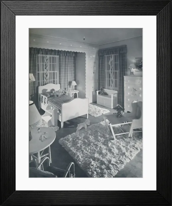 Framed Print : Nursery by W. & J. Sloane, with cream-coloured furniture and shaggy white rugs Framed Print : Nursery by W. & J. Sloane, with cream-coloured furniture and shaggy white rugs