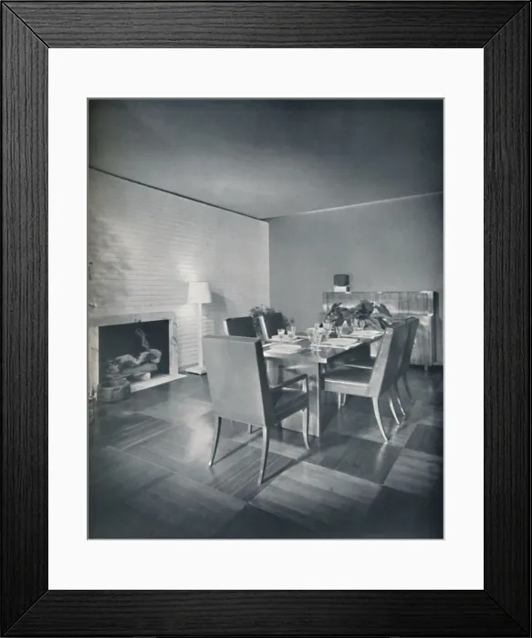 Framed Print : Dining-room furniture with leather-upholstered chairs designed by T. H. Robsjohn-Gibbings Framed Print : Dining-room furniture with leather-upholstered chairs designed by T. H. Robsjohn-Gibbings