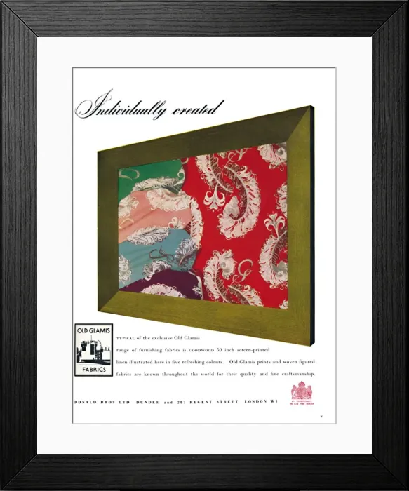 Framed Print : Individually created - Old Glamis Fabrics advertisement, c1945 Framed Print : Individually created - Old Glamis Fabrics advertisement, c1945