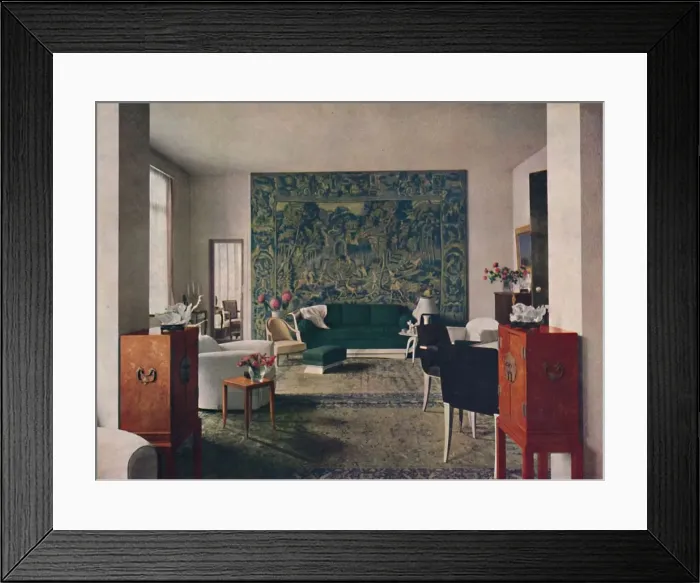 Framed Print : Living-room designed by Porteneuve & Dominique, the end wall of which is hung Framed Print : Living-room designed by Porteneuve & Dominique, the end wall of which is hung