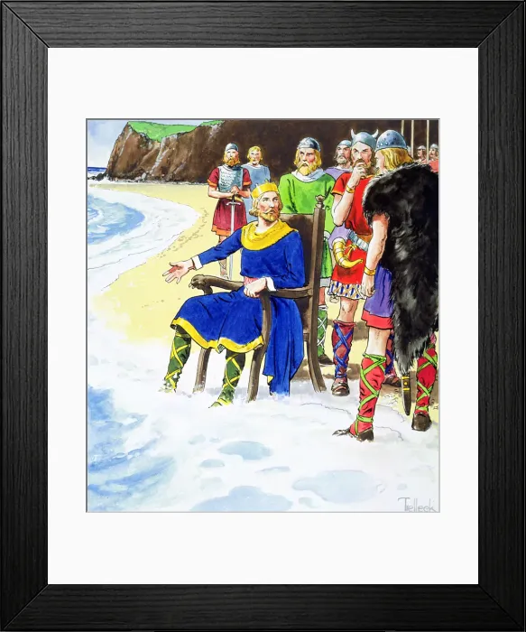 Framed Print : King Canute failing to hold back the waves, early 11th century (c1900). Artist: Trelleek Framed Print : King Canute failing to hold back the waves, early 11th century (c1900). Artist: Trelleek