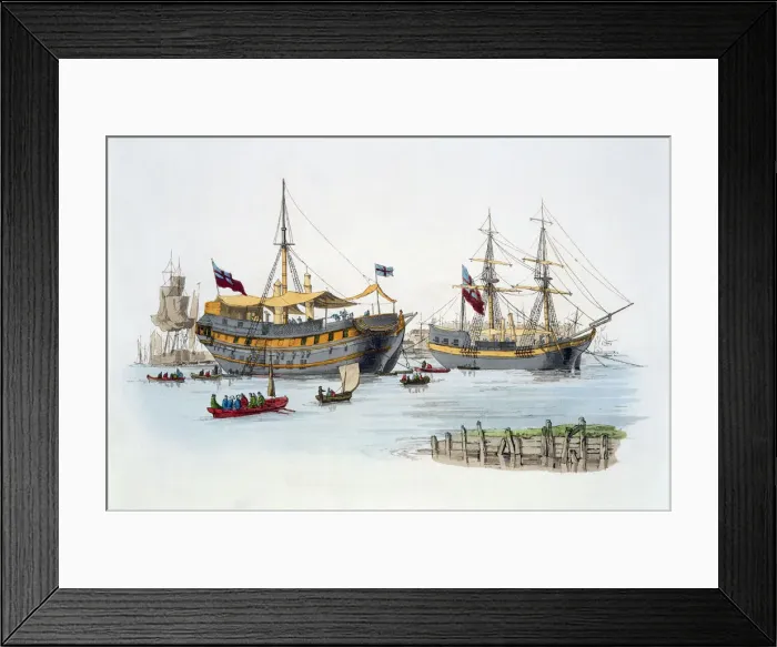 Framed Print : Prison ships, 1805. Artist: William Henry Pyne Framed Print : Prison ships, 1805. Artist: William Henry Pyne