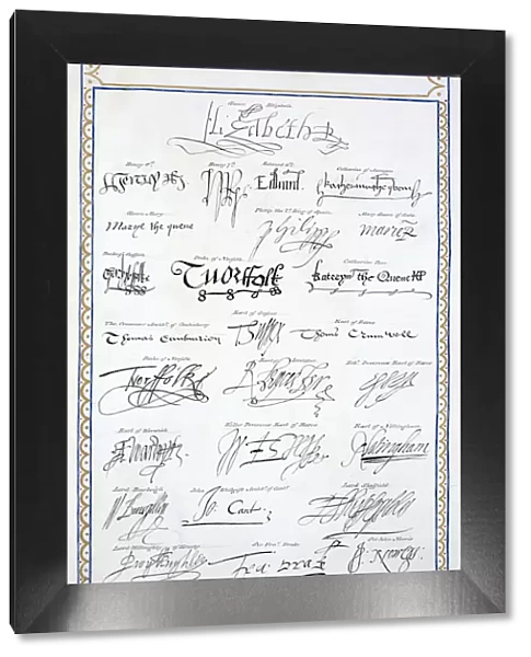 Reproduction of the signatures of the Tudors and members of their court, 1825. Artist: Sarah