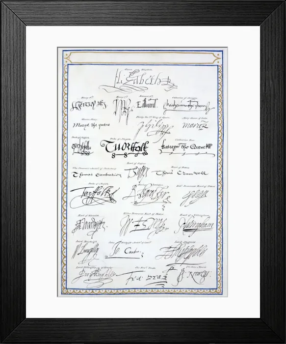 Framed Print : Reproduction of the signatures of the Tudors and members of their court, 1825. Artist: Sarah Framed Print : Reproduction of the signatures of the Tudors and members of their court, 1825. Artist: Sarah