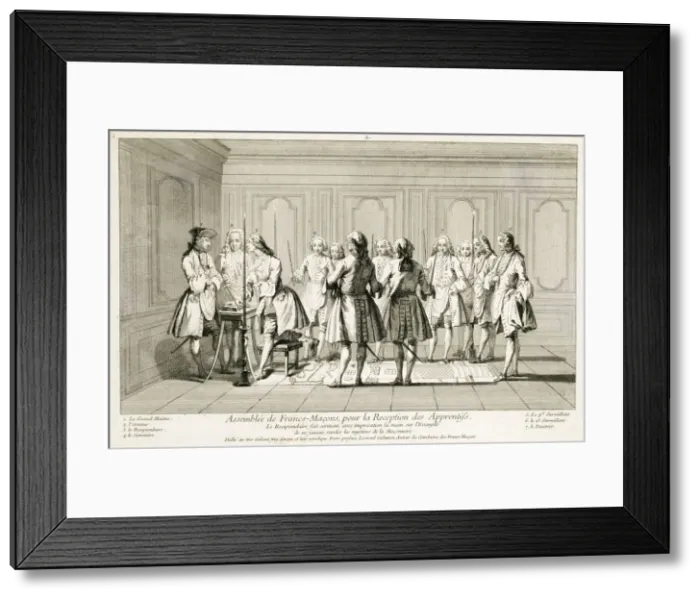 Framed Print : Assembly of Freemasons to initiate an apprentice, c1733 Framed Print : Assembly of Freemasons to initiate an apprentice, c1733