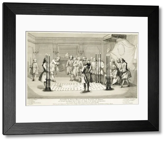 Framed Print : Assembly of Freemasons before the initiation of a master, c1733 Framed Print : Assembly of Freemasons before the initiation of a master, c1733