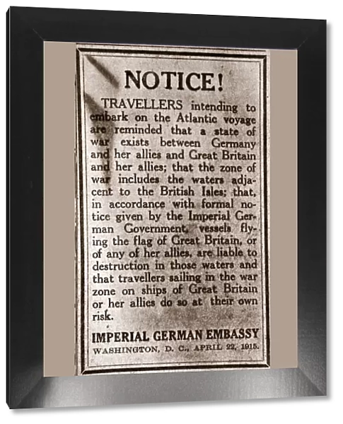 Notice to passengers planning to make transatlantic journeys, 1915