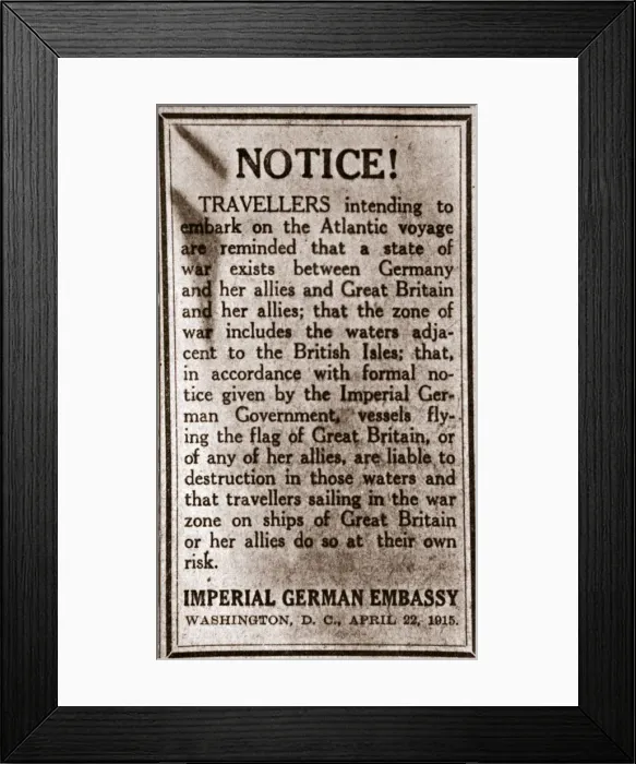 Framed Print : Notice to passengers planning to make transatlantic journeys, 1915 Framed Print : Notice to passengers planning to make transatlantic journeys, 1915