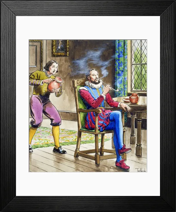 Framed Print : Sir Walter Raleigh smoking a pipe, (c1900). Artist: Trelleek Framed Print : Sir Walter Raleigh smoking a pipe, (c1900). Artist: Trelleek