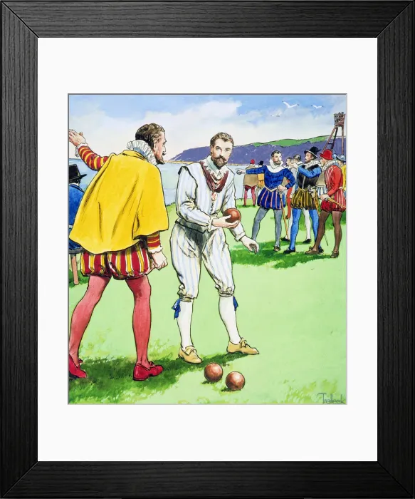 Framed Print : Sir Francis Drake playing bowls on Plymouth Hoe, 1588 (c1900). Artist: Trelleek Framed Print : Sir Francis Drake playing bowls on Plymouth Hoe, 1588 (c1900). Artist: Trelleek