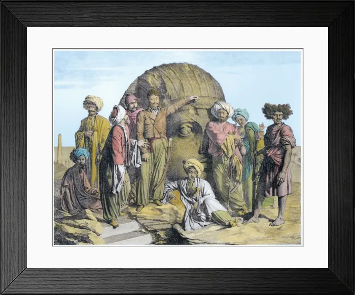Framed Print : Archaeologist Bernardino Drovetti measuring a colossal head in the Egyptian desert, 1819 Framed Print : Archaeologist Bernardino Drovetti measuring a colossal head in the Egyptian desert, 1819