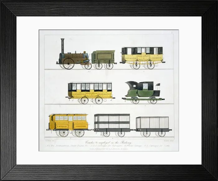 Framed Print : Coaches employed on the Liverpool and Manchester Railway, 1831. Artist: Henry Pyall Framed Print : Coaches employed on the Liverpool and Manchester Railway, 1831. Artist: Henry Pyall