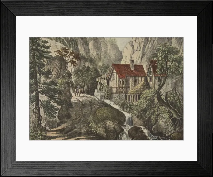 Framed Print : Puzzle Picture - Old Swiss Mill, pub. 1872, Currier & Ives (Colour Lithograph) Framed Print : Puzzle Picture - Old Swiss Mill, pub. 1872, Currier & Ives (Colour Lithograph)