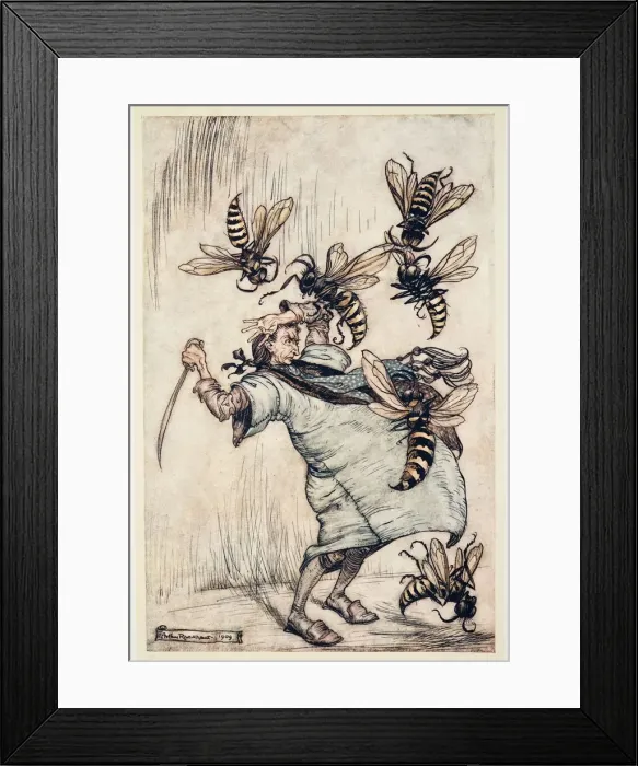 Framed Print : Gullivers Combat with The Wasps, from Gullivers Travels by Jonathon Swift (1667 - 1745), 1909 Framed Print : Gullivers Combat with The Wasps, from Gullivers Travels by Jonathon Swift (1667 - 1745), 1909