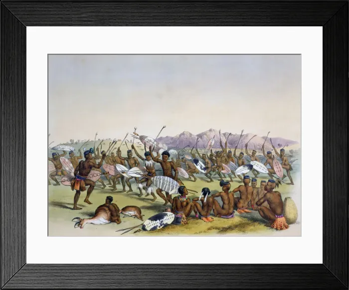Framed Print : Zulu Hunting Dance near the Engooi Mountains, 1849. Artist: George French Angas Framed Print : Zulu Hunting Dance near the Engooi Mountains, 1849. Artist: George French Angas