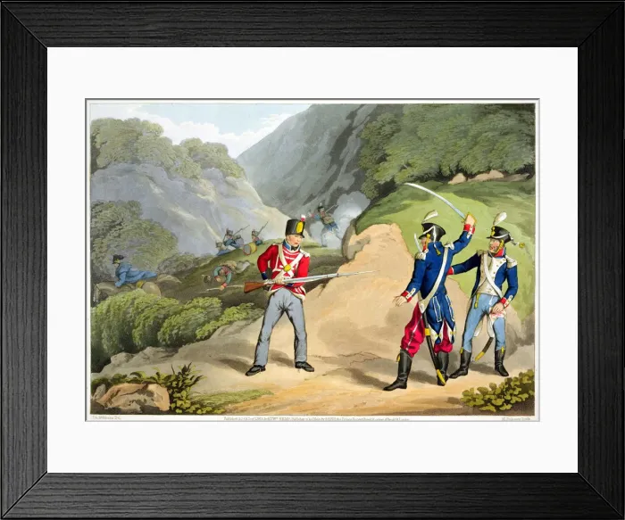 Framed Print : A British soldier Taking Two French Officers at the Battle of the Pyrenees, 1813 (1816) Framed Print : A British soldier Taking Two French Officers at the Battle of the Pyrenees, 1813 (1816)