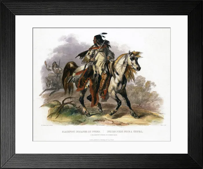 Framed Print : A Blackfoot Indian on horseback, 1843. Artist: Leopold Beyer Framed Print : A Blackfoot Indian on horseback, 1843. Artist: Leopold Beyer