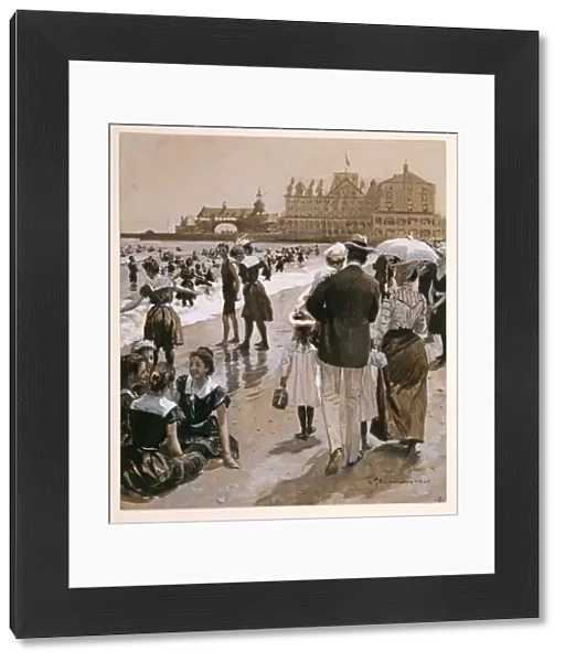 Beach Scene from Harpers Weekly, pub. 1900 (coloured lithograph)