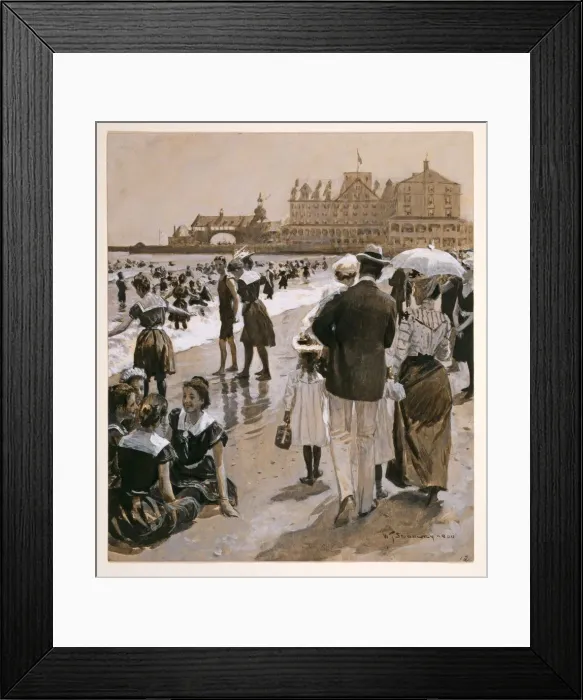 Framed Print : Beach Scene from Harpers Weekly, pub. 1900 (coloured lithograph) Framed Print : Beach Scene from Harpers Weekly, pub. 1900 (coloured lithograph)