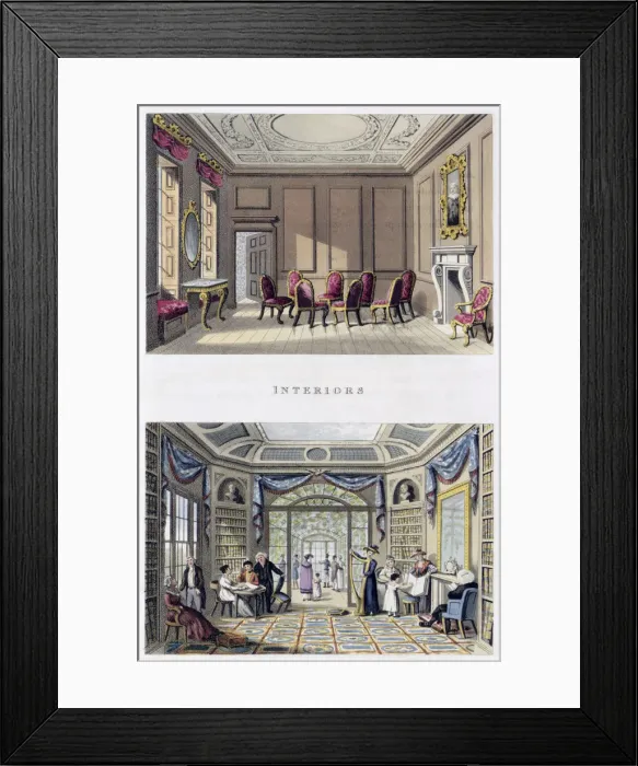 Framed Print : Interiors: The Old Cedar Parlour and the Modern Living Room, 1816 Framed Print : Interiors: The Old Cedar Parlour and the Modern Living Room, 1816