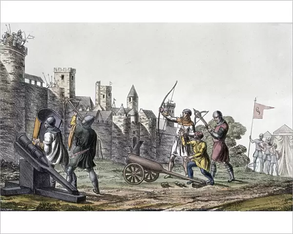 Soldiers and artillery of the 15th century besieging a walled town, 19th century