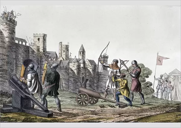 Soldiers and artillery of the 15th century besieging a walled town, 19th century