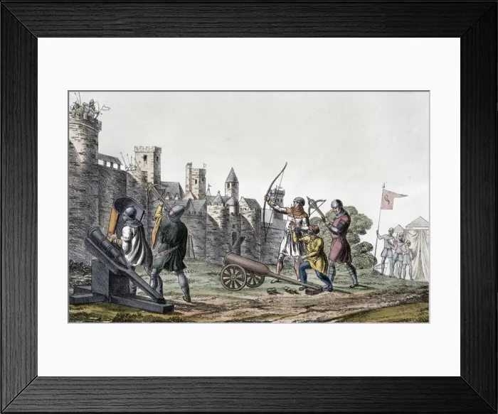Framed Print : Soldiers and artillery of the 15th century besieging a walled town, 19th century Framed Print : Soldiers and artillery of the 15th century besieging a walled town, 19th century