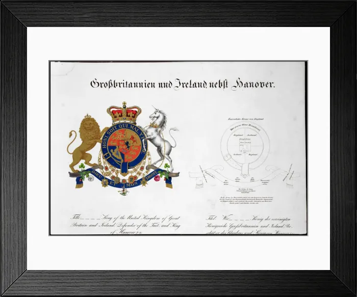 Framed Print : Crest of the King of the United Kingdom of Great Britain and Ireland and Hanover, 19th century Framed Print : Crest of the King of the United Kingdom of Great Britain and Ireland and Hanover, 19th century