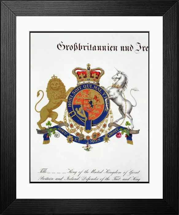Framed Print : Crest of the King of the United Kingdom of Great Britain and Ireland and Hanover, 19th century Framed Print : Crest of the King of the United Kingdom of Great Britain and Ireland and Hanover, 19th century