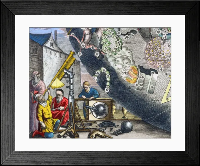 Framed Print : Astonomers looking through a telescope, 1660-1661. Artist: Andreas Cellarius Framed Print : Astonomers looking through a telescope, 1660-1661. Artist: Andreas Cellarius