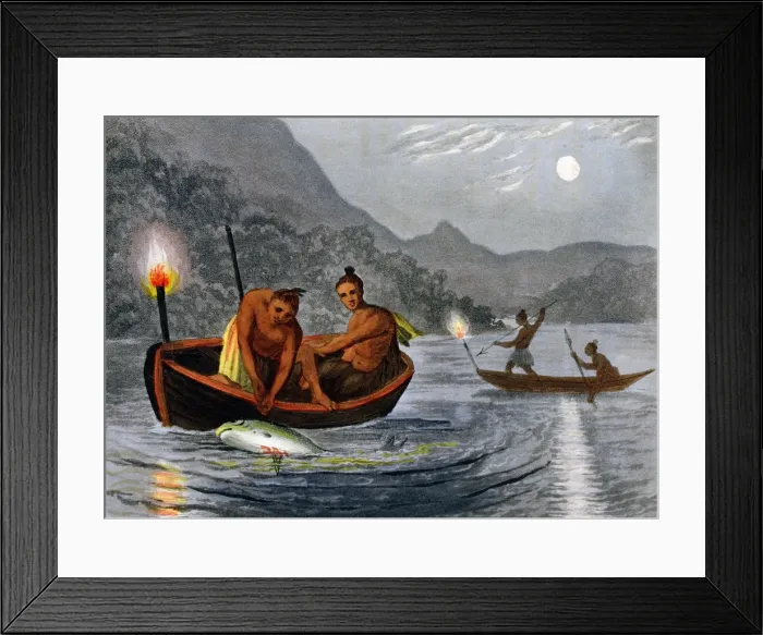 Framed Print : Native Americans fishing by torchlight in North America, 1813. Artist: H Merke Framed Print : Native Americans fishing by torchlight in North America, 1813. Artist: H Merke