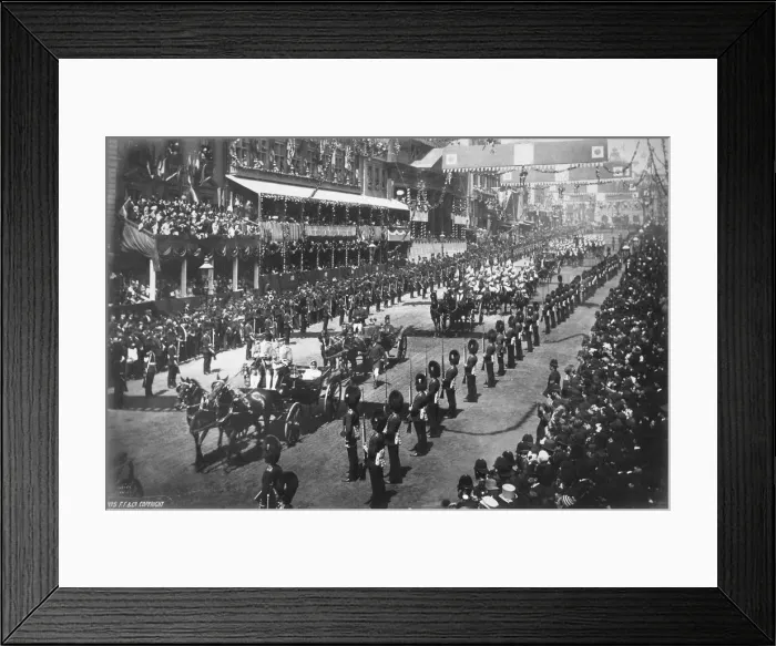 Framed Print : Queen Victoria being driven through central London during her Golden Jubilee celebrations, 1887 Framed Print : Queen Victoria being driven through central London during her Golden Jubilee celebrations, 1887
