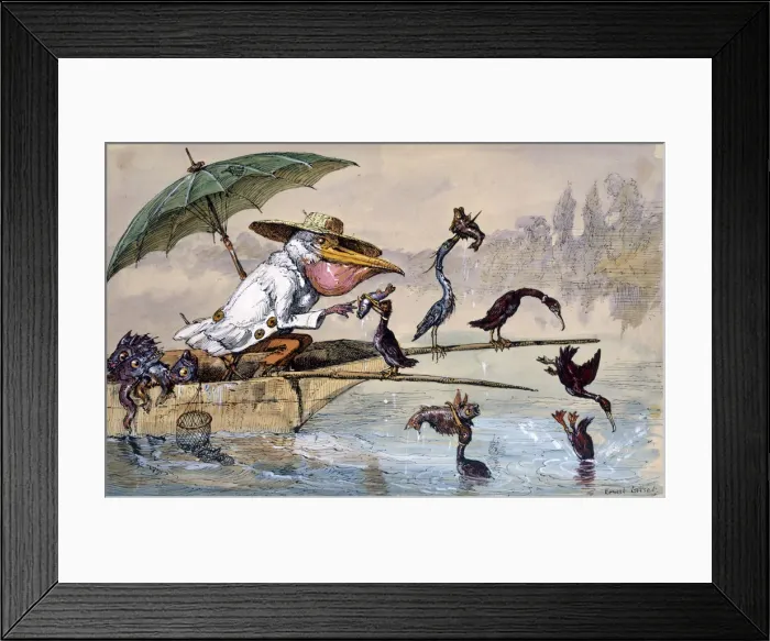 Framed Print : Cormorants presenting fish to a pelican in a punt under an umbrella, c1864-1907. Artist Framed Print : Cormorants presenting fish to a pelican in a punt under an umbrella, c1864-1907. Artist