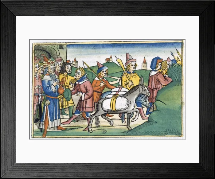 Framed Print : Joseph sends his brothers home with a supply of free food, 15th century Framed Print : Joseph sends his brothers home with a supply of free food, 15th century