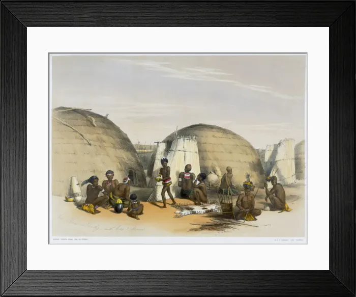 Framed Print : Zulu kraal at Umlazi with huts and screens, 1849. Artist: George French Angas Framed Print : Zulu kraal at Umlazi with huts and screens, 1849. Artist: George French Angas