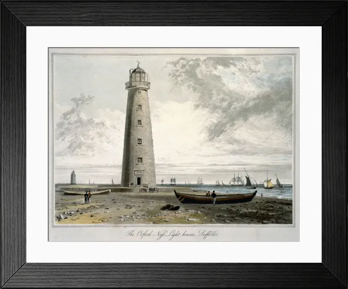 Framed Print : The Orford Ness Lighthouses, Suffolk, 1822. Artist: William Daniell Framed Print : The Orford Ness Lighthouses, Suffolk, 1822. Artist: William Daniell