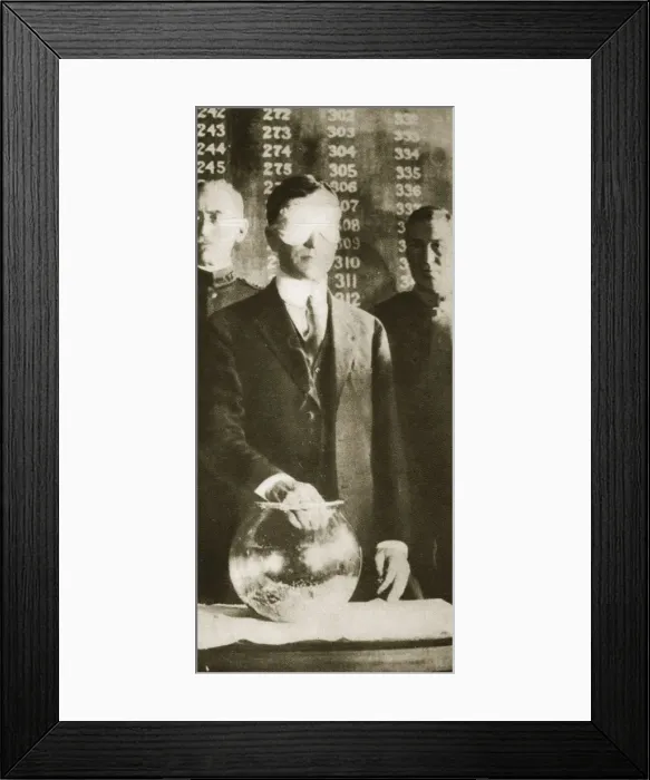 Framed Print : American Secretary of War Newton D Baker drawing the first number in the selective draft, 1917 Framed Print : American Secretary of War Newton D Baker drawing the first number in the selective draft, 1917