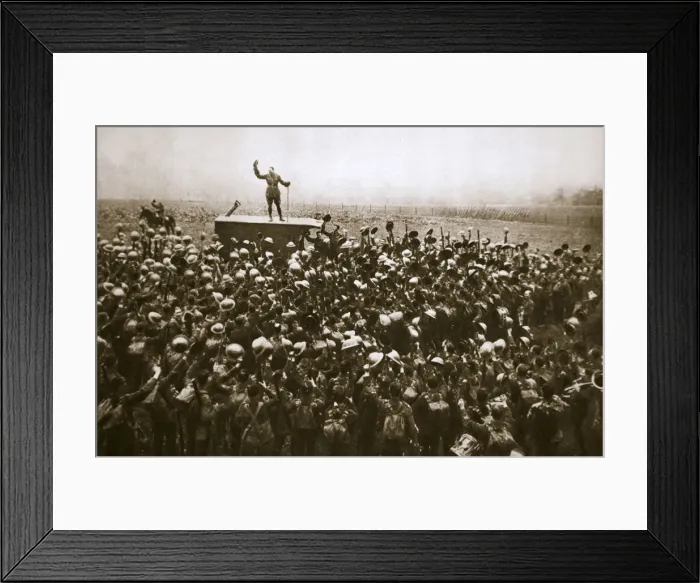 Framed Print : Colonel and men of the 9th East Surrey Regiment cheering the King, France, 12 November, 1918 Framed Print : Colonel and men of the 9th East Surrey Regiment cheering the King, France, 12 November, 1918